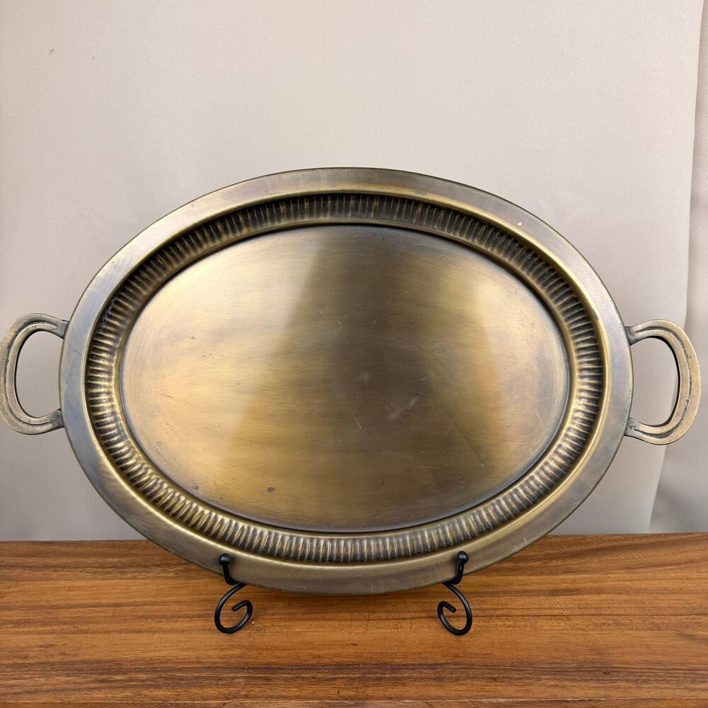 Brass Finish Oval Decorative Serving Tray with Handles 19 Inch